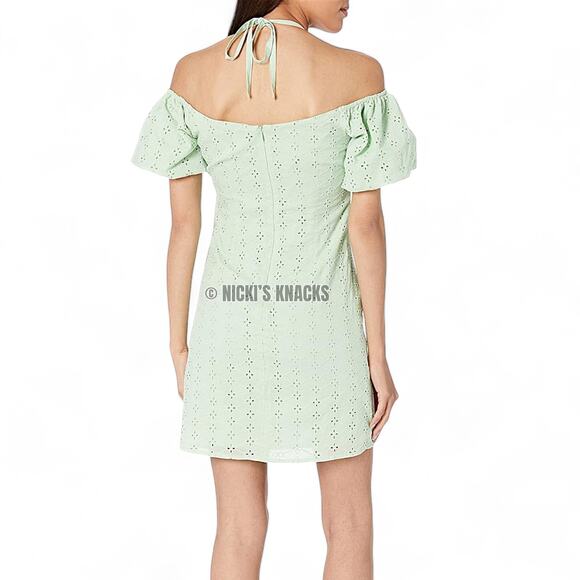 BCBGeneration Eyelet Halter Mini Dress Mint Green Puff Sleeve Cotton Size 0 - Picture 10 of 11